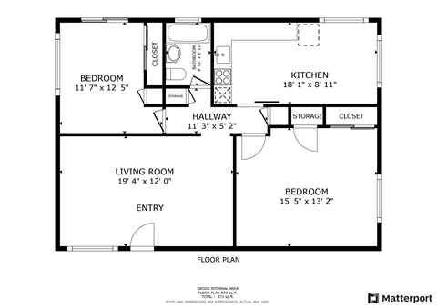 Floor plan for 2 beds, 1 bath, 875 sqft
